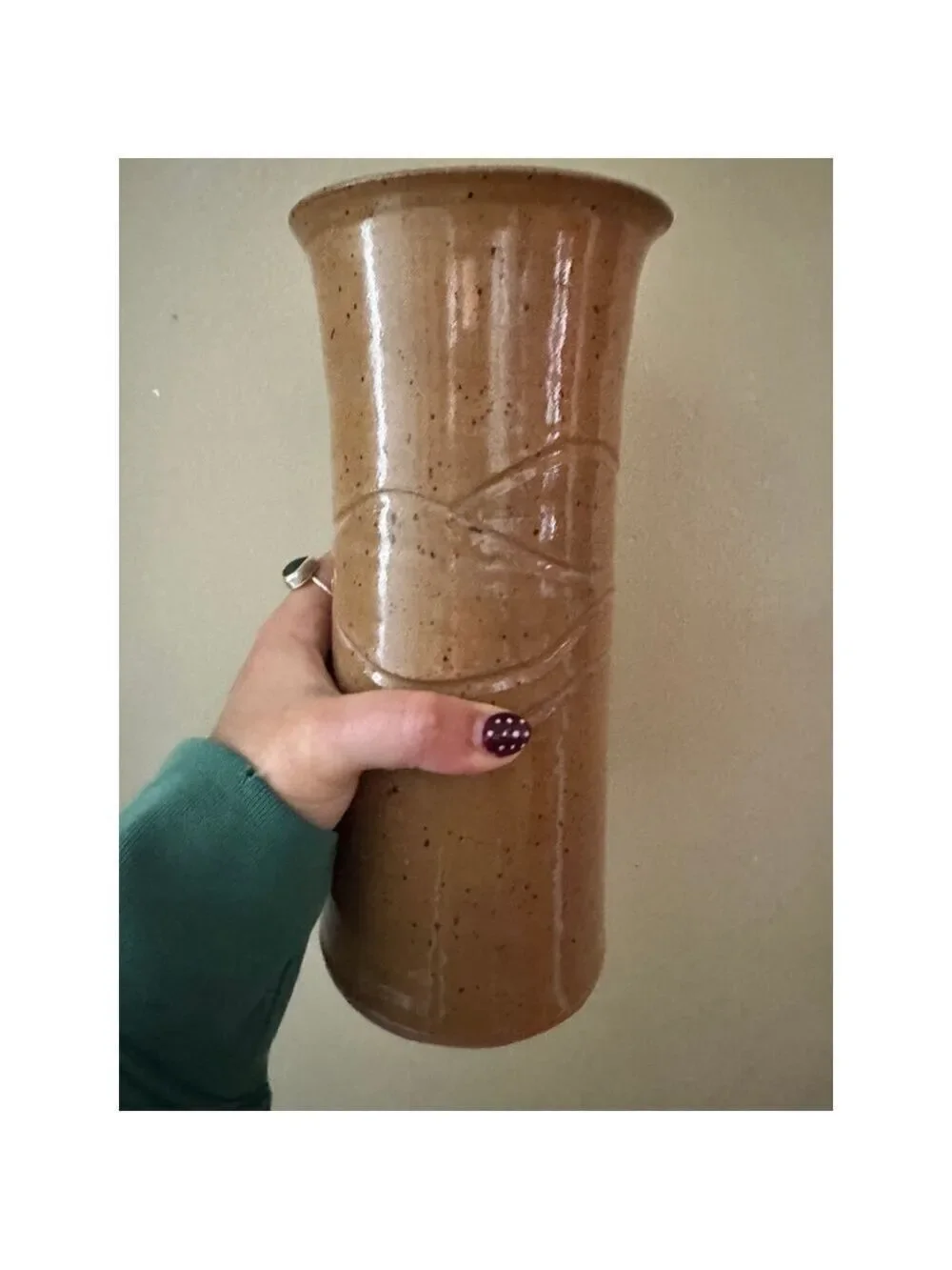 Vintage Mid-Century Modern Signed Artisan Tan Ceramic Pottery Vase
